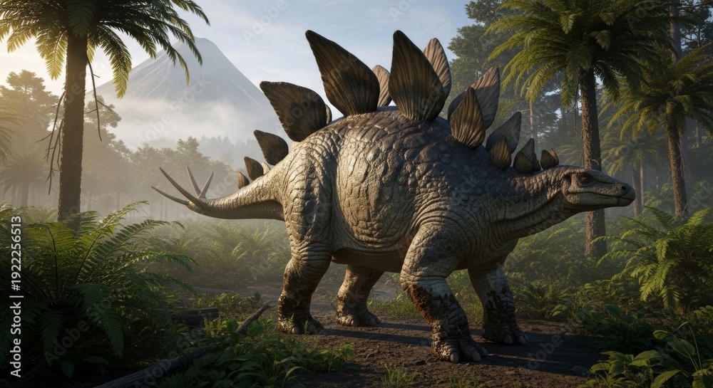 Fototapeta premium Stegosaurus roaming prehistoric forest with lush greenery and volcanic mountain