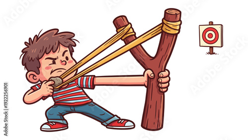 Cartoon boy aiming a slingshot at a target. Determined kid character with weapon, isolated vector illustration.