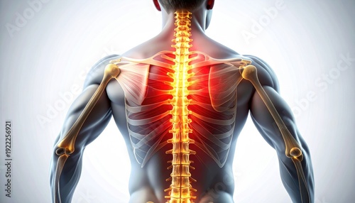 Human back and spine anatomical illustration highlighted in pain