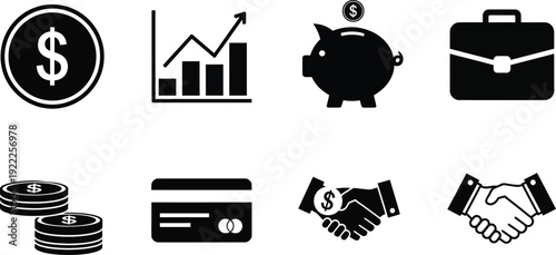 Financial and business icons including money graph piggy bank briefcase coins credit card and handshake