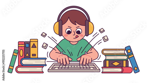 Focused student with headphones typing on keyboard amidst books, symbolizing learning & productivity