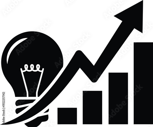 A black and white graphic depicting a lightbulb with a rising arrow and bar chart symbolizing innovative growth and progress in business or finance