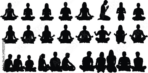 Silhouettes of people in various meditation and prayer poses on a white background sitting