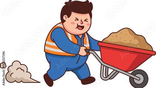 Energetic Cartoon Construction Worker Pushing Heavy Wheelbarrow Full of Sand with Effort
