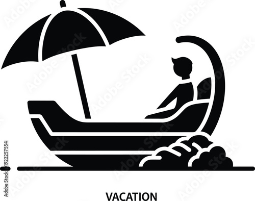 A serene beach vacation scene with a person relaxing on a boat under an umbrella