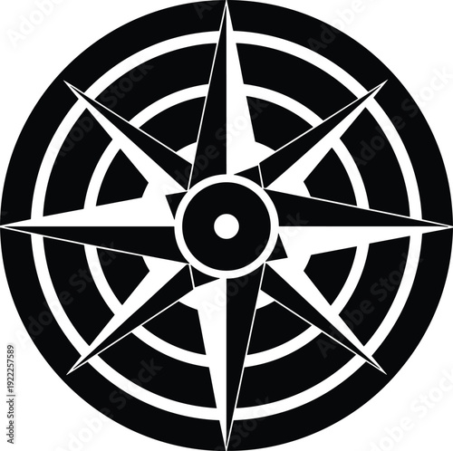Black and white compass rose symbol with directional points, navigation and travel concept, minimalist vector illustration isolated on white