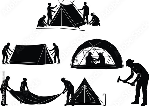 Black silhouette icons of people assembling various tents including A-frame, rectangular, dome, and fabric setups for camping and outdoor design