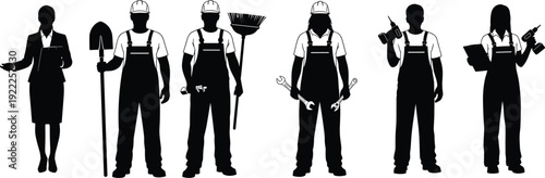 Black silhouette illustrations of diverse workers in various professions holding tools and clipboards, representing construction, maintenance, cleaning, and supervision