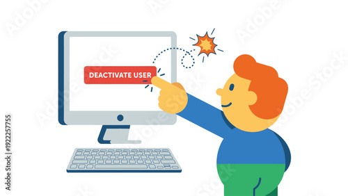 Cartoon character deactivating user account on computer. Digital administration, account management, and blocking user access concept.