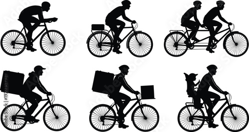 Black silhouettes of people riding bicycles in racing, delivery, tandem, and family scenarios showcasing diverse cycling uses and transportation