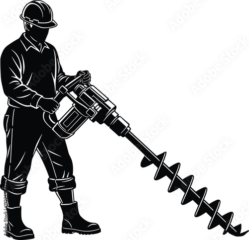 Black-and-white illustration of construction worker operating heavy-duty power auger with protective gear, drilling equipment for ground boring and engineering tasks