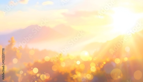 A sunlit mountain vista, bathed in golden light with bokeh effects
