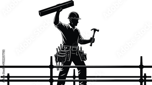 Black-and-white illustration of construction worker on steel beam with hard hat, tool belt, hammer, and raised wooden beam, industrial labor artwork