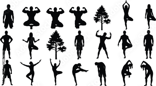 Silhouettes of People Performing Various Yoga and Fitness Poses with Trees in the Background