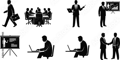 Business professionals engaged in various office activities and presentations