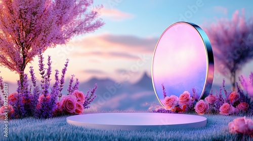 Serene White Podium in Grassy Field by Water