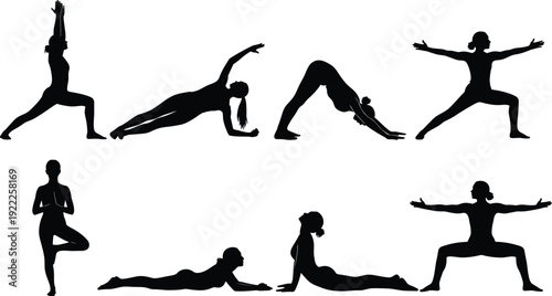 Silhouettes of people performing various yoga poses on a white background exercise