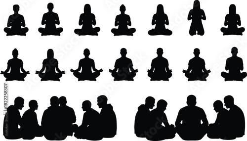 Silhouettes of people sitting in meditation and group conversation poses on a white background