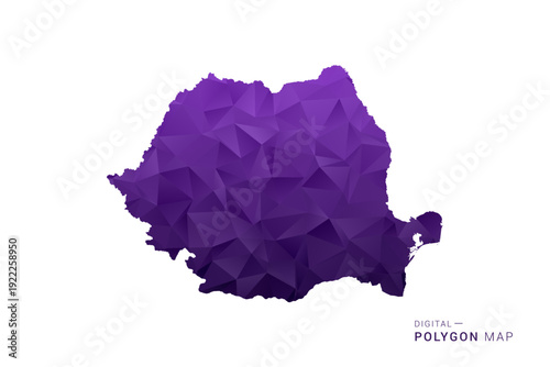 Romania Map - Polygon Style Vector Illustration in Deep Purple Gradient, Low Poly Geometric Design, Isolated on White Background for Infographics and Digital Use.