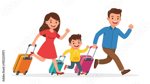 Happy Family Running with Luggage, Excited for Vacation Trip