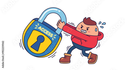 Cartoon character struggling with 'ACCESS' padlock, symbolizing restricted entry, data security, or a challenge
