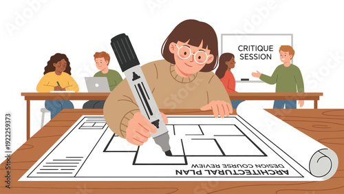 Student Architect Drawing Floor Plan in Design Class with Critique Session
