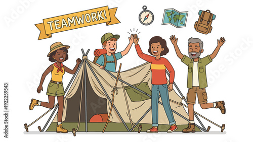 Happy Diverse Group Teamwork Camping. Friends high-five setting up tent, outdoor adventure concept illustration.