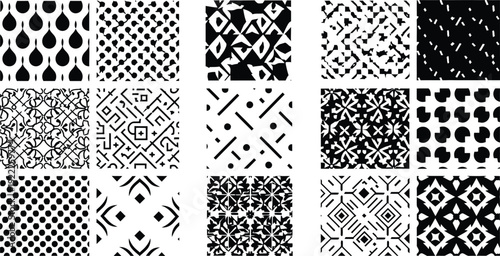 Collection of 12 unique black and white geometric patterns and textures