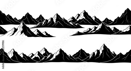 Black and white illustration of mountain ranges.