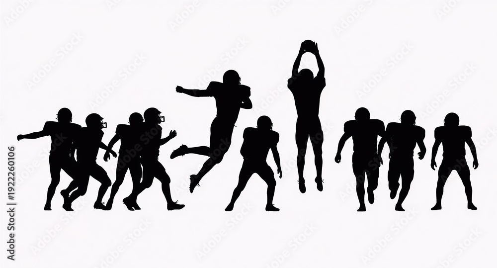 Obraz premium A collection of silhouettes of an American football player in various dynamic poses against a white background.