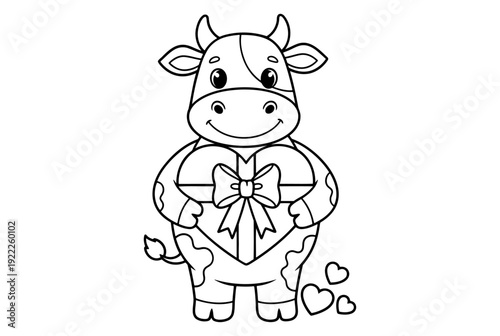 Cute Cartoon Cow Holding Heart-Shaped Gift Box - Outline for Kids Coloring Book Page
