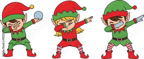 Cartoon Christmas elves performing dab dance pose, humorous festive holiday illustration for celebration, decoration, entertainment, and seasonal design themes