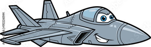 Cartoon fighter jet with expressive eyes and smiling mouth, playful military aircraft illustration for children’s aviation, education, and entertainment themes