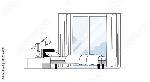 Modern bedroom interior with large window and desk lamp.