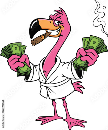 Cartoon flamingo in robe holding money and cigar, humorous wealthy bird character illustration for lifestyle, entertainment, branding, and promotional themes