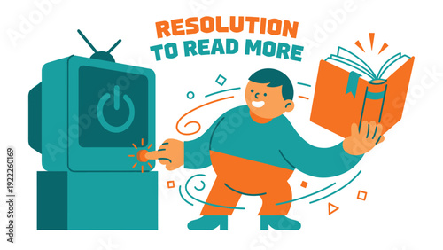 Happy character turning off vintage TV to read a book, symbolizing a resolution for more reading and personal development