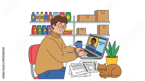 Home Office Video Call: Man working remotely with cat and products on shelves. Online business and e-commerce concept.