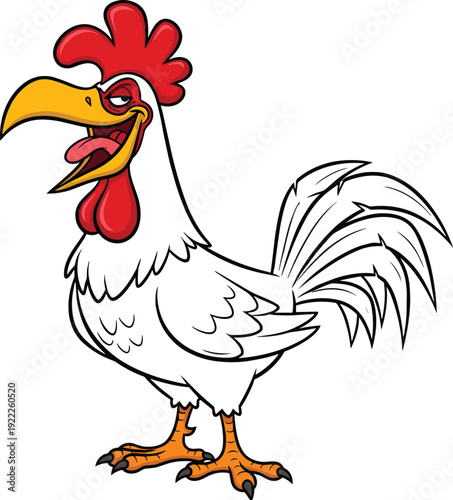 Cartoon-style rooster illustration with expressive face, raised eyebrow, open beak, and detailed feathers, humorous farm animal character artwork