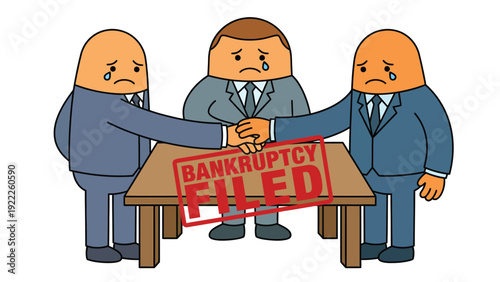 Sad cartoon business people shaking hands over 'Bankruptcy Filed' stamp, symbolizing corporate financial failure and distress