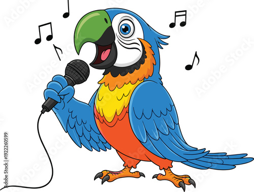 Colorful cartoon parrot singing with microphone, vibrant wings, musical notes, and playful character design for entertainment and children’s content