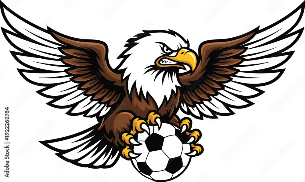 Fototapeta premium Fierce bald eagle mascot clutching soccer ball with spread wings, sharp talons, and bold sports design symbolizing strength and determination