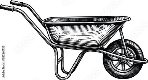 Detailed black-and-white illustration of wheelbarrow with single wheel, handles, and deep basin, vintage hand-drawn textured gardening and construction artwork