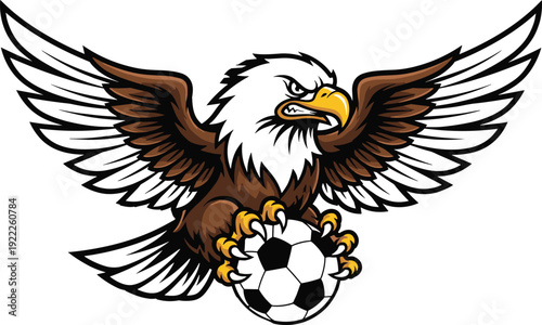 Fierce bald eagle mascot clutching soccer ball with spread wings, sharp talons, and bold sports design symbolizing strength and determination