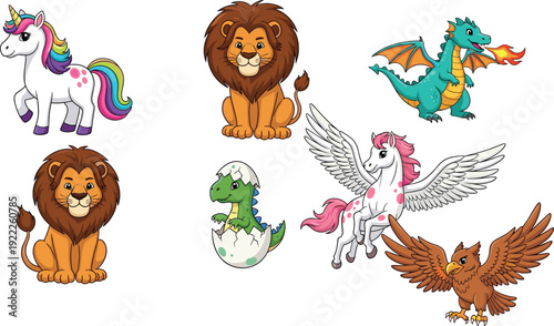 Fantasy cartoon animals collection featuring unicorn, pegasus, dragon, griffin, lions, and dinosaur hatchling with colorful playful design for children