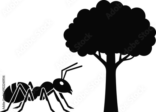 Minimalist Black and White Nature Illustration Set Featuring Large Ant by Tree and Woodpecker Feeding Chick for Wildlife Design