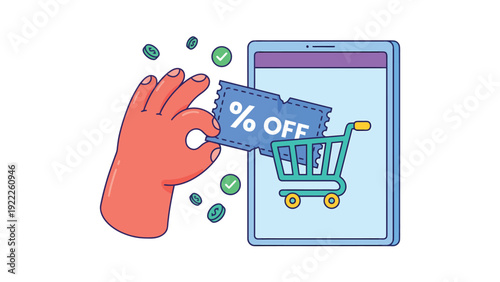 Digital Coupon & Online Shopping Concept with Hand and Tablet. E-commerce Discount Promotion for Mobile Retail & Savings.