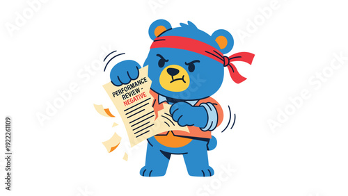 Angry Cartoon Bear Ripping Negative Performance Review. Workplace Frustration & Bad Feedback Concept