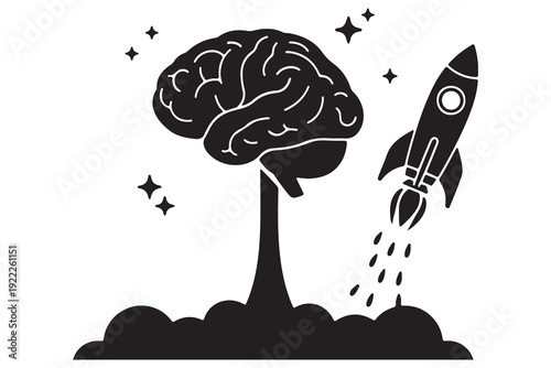 Human brain silhouette icon with a launching rocket, representing brain power, innovation, and startup ideas