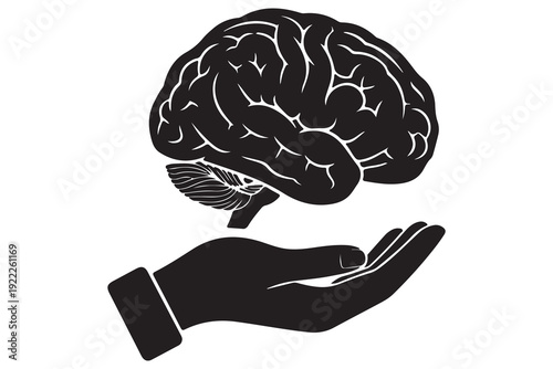 Human brain silhouette icon supported by a hand, symbolizing mental health care and support
