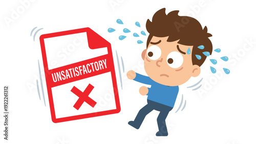 Stressed cartoon character facing unsatisfactory document, symbolizing failure or poor performance